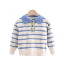 Korean Kids Blue Striped Sweater with Buttons for Baby Boys Casual Polo Collar Knitwear Tweens Child Fashion Autumn Knit Outfit