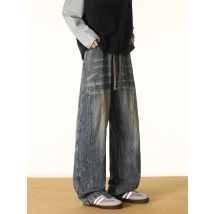 Men's Retro Baggy Jeans Korean Style Elastic Waist Wide Leg Denim Pants Loose Fit Washed Cotton Jeans Trousers for Autumn Winter