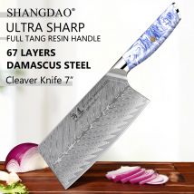 SHANGDAO 67-lagiges Damaststahl-7-Zoll-Küchen-Gemüsemesser mit chinesischem Hackmesser und blauem und weißem Harzgriff – Full Tang