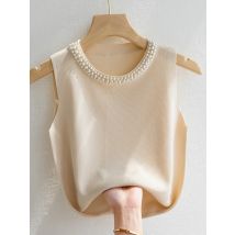 Korea Dzianinowe Kamizelki Damskie Top Solid Tank Blusas Mujer De Moda Summer New Fashion Female Sleeveless Beading Casual Thin Tops