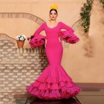 Elegante vestido de fiesta de trompeta sirena mujeres bonitas vestidos largos Flamenco con volantes flor tul mangas completas Maxi vestido rosa