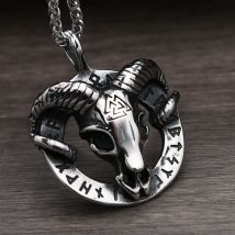 Vintage Gothic 316L Stainless Steel Goat Head Skull Pendant Nordic Viking Rune Necklace For Men Fashion Amulet Jewelry Wholesale