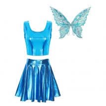 Feenhaftes Elfenflügel-Party-Karnevals-Cosplay-Outfit für Damen, metallisches ärmelloses Crop-Top mit Rock mit hoher Taille und Schmetterlingsflügel-Set