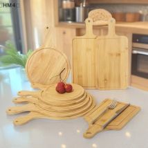 〔HM4〕 Wooden Round Rectangular Pizza Paddle Serving Board Cutting Board With Handle Bread Pastry Plate Steak Snack Tray