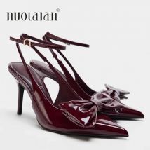 Weinrote Knöchelriemen-Stilettos für Damen, Lackleder, Schleife, spitze Zehen, High Heels, Sandalen, Damen-Pumps, Schuhe