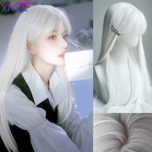 XIYUE White Long Straight Synthetic Wigs for Women Colorful Cosplay Party Fake Hair with Bangs White Wig HighTemperature