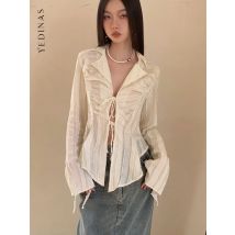 Yedinas Fairycore Spitze Up Bluse Frauen Langarm Frühling 2023 Neue drehen-unten Kragen Frauen Hemd Damen Tops Koreanische mode Chic