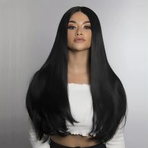 Damenperücke, schwarz, lange gerade Perücken für Damen/Mädchen/Afro, natürliches Kunsthaar, Mittelteil, keine Spitze, Party/Kostüm, dunkle Bro