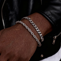 Braccialetti a catena da uomo 2 pezzi, cinturino a catena con corda intrecciata color argento oro nero in acciaio inossidabile, regalo con catene a maglie cubane alla moda