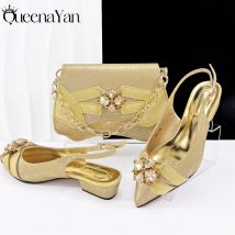 QueenaYan 2025, neue Sommerkollektion, stilvolles italienisches Set aus Schuhen und Taschen für Damen, goldfarben, bequeme niedrige Absätze mit Strasssteinen