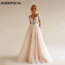 Roddrsya Bohemian Langarm Brautkleid Frauen eine Linie durch Spitze appliziert Strand Brautkleid Brautkleider angepasstRODDRSYA Bohemian Langarm Brautkleid Frauen A Linie See Through Lace Appliqued