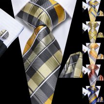 Hi-Tie Herren-Krawatte, modisch, gelb, orange, braun, Einstecktuch, Manschettenknöpfe für Smoking-Accessoire, klassische Luxus-Geschenkkrawatte aus Seide