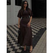 2025 Chic Spleißen Braun Halbe Hülse Maxi Kleid frauen Casual Plissee A-linie Schlank Vestidos Weibliche Büro Pendeln Straße Roben