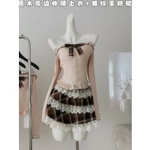 Herbst Winter Frauen Koreanische Shoujo Design Ballett Core Outfits 2-teiliges Set Off Schulter Coquette Langarm Tops + Mini Plaid Rock