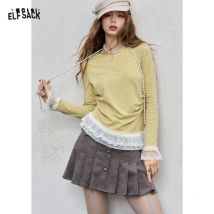 = ELFSACK 2025 Herbst Neue Ankunft Süße Casual Spitze Trim Lange Ärmel Einfarbig Ausgestattet Basic Tee Top Für Frau