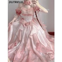 Pink Lolita High Waist Slimming Bow Sweet Girls Op Dress Heavy Industry Trailing Off-shoulder Banquet Princess Dresses