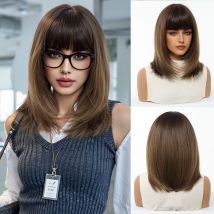 EASIHAIR Ombre Braune synthetische Perücken mit Pony, mittellang, gerade, schwarze Wurzelhaare für Frauen, tägliches Cosplay, hitzebeständige Faser