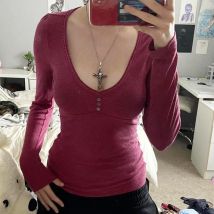 Y2K Vintage Patched Slim Autumn T-shirts Female Buttons Cottage Top Tees Long Sleeve Korean Shirt 2000s Chic Retro Outfits