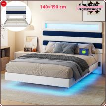 Anajqaqia Letto imbottito 140×190 cm, letto matrimoniale con doppia porta di ricarica USB e barra luminosa a LED, con testiera dello schienale, velluto