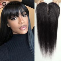 100 % Remy-Echthaar-Topper mit Pony, dunkelschwarze Haarteile für Frauen, Seidenbasis-Clip-in-Topper für dünner werdendes Haarausfall