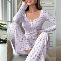 Bedrucktes Damen-Pyjama-Set mit Rundhalsausschnitt, langärmeligem Oberteil, elastischer Taille, lange Hosen, lässige Frühlings-Hauskleidung, zweiteiliges Set