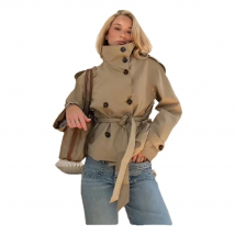 Belted Waist Cropped Trench Jackets Women Double Breasted Stand Collar Coats 2025 Autumn Chic Casual Vintage Jacket Women Cloth