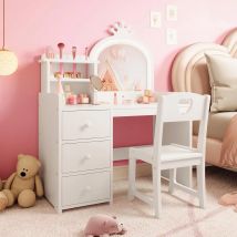 Tocador de Madera 2 en 1 con Forma de Princesa con Taburete y Cajones para Niñas Pequeñas, Tocador con Luz Táctil, Almacenamiento Abierto, Regalo de Cumpleaños