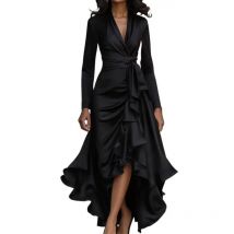 Elegant Silk Halter V-Neck Dress Ruffle Irregular Hem Lace-up Sexy Solid Long Sleeveless Party Evening Wedding Guest Dress