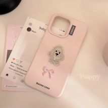 Rosa Welpe Fliege Pudel Hund Stickerei Kunst Handyhülle für iPhone 16 15 14 13 12 11 Pro Max Hülle süße süße Cartoon Soft Cover