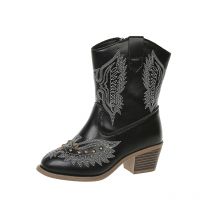 Children's Fashion Boots Kids Western Cowboy Boots Embroidered Anti Slip Leather Ankle Boot with Studs Shoes for Kids Girls