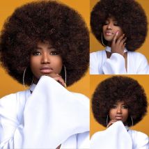 Synthetische Afro-Perücke, verworren, lockig, blond, für Damen, gemischt, braun, 70er-Jahre, maschinell hergestellt, riesig mit Pony, kurz, federnd, für den täglichen Gebrauch auf Partys