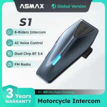 ASMAX Blue S1 Intercomunicador para motocicleta Sistema global de grupo de malla, comando de voz, audio HD, IPX7, micrófono ENC y conectividad de aplicaciones