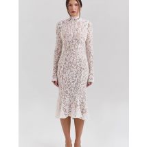 Fantoye Drucken Floral Rundhals Spitze Frauen Midi Kleid Langarm Doppel Schicht Kleid Weibliche Winter Neue Elegante Party Outfit 2024