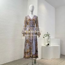 Lila-Violett-Gold-Blumendruck, lange Ärmel, V-Ausschnitt, Falten, Midikleid 2025
