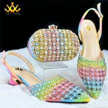 High End Banquet Pointed Toe Shoes Paired with Clutch bag 2024 INS Trendy Matching Rainbow Color with Crystal