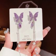 Purple Butterfly Crystal Pearl Tassel Chain Long Pendant Earrings for Women Personality Party Ear Jewelry Wholesale Girl Gift