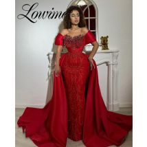 Elegante Hochzeits-Party-Kleider, rote Meerjungfrau, langes Dubai, Saudi-Arabien, maßgeschneidertes Abendkleid 2025, mit abnehmbarer Schleppe