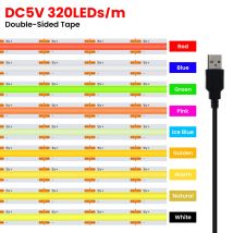 5V USB 3MM 5MM PCB COB LED Strip Light Bianco/Rosso/Verde/Rosa/Blu ghiaccio/Giallo TV Retroilluminazione DC5V 320Led Flex Lampada da notte Decorazioni per la casa