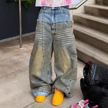 Men's Loose Spliced Casual Daily Trendy Wide Leg Denim Trousers European American New Fashion Male Jeans Pants Bottom Clothes