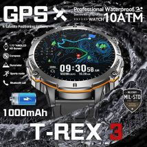 Smartwatch T-Rex 3 Military Grade z baterią 1000mAh, wodoszczelność 10ATM, GPS, kompas, altymetr, funkcja dzwonkowa, ekran AMOLED, męski smartwatch do pływania i sportów.
