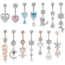 Crystal Zircon Sexy Belly Button Piercing 14G Flower Heart Cat Surgical Steel Belly Ring for Women Girls Navel Dangled Jewelry