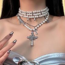 Mode personal isierte mehr schicht ige Perle Kreuz Anhänger Halskette Schlüsselbein Kette für Frauen Temperament Schmuck Accessoires Geschenke