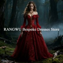 Verzaubertes dunkelrotes viktorianisches Abendkleid, mittelalterliches Ballkleid mit langen Ärmeln, Fairycore-Partykleid, individuell gestaltet