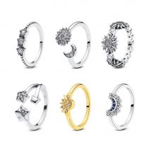 Original-Ring aus 925er-Sterlingsilber für Damen, Sonne, Mond, Sterne, Pavé-Kristalle, Stapelringe, Hochzeit, Verlobung, Geschenk, Luxusschmuck