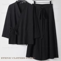 Plus Größe 3XL-9XL Männer Strickjacke Hosen Set Baumwolle Leinen Japanischen Kimono Haori Yukata Lose Jacke Harajuku Samurai Kostüm Hanfu