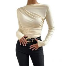 Mode Plissee T-Shirt Frauen Einfarbig Schlank Bottom Shirt Herbst Lange Ärmel O Neck Pullover Tops Weibliche Pendler Casual Tees