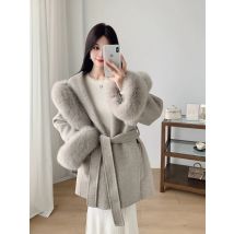 2025 Autumn and Winter New Fox Fur Hooded Wool Double-sided Woolen Woolen Coat Medium-length Woolen Coat Women's Shanghai Thousa