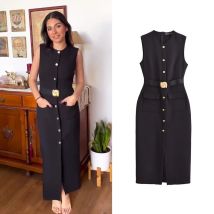 HXAO Schwarz Elegante Party Midi Kleider 2025, frauen Frühling Ärmellose Lange Kleider Mode Lässig Vintage Abendkleid Vestidos