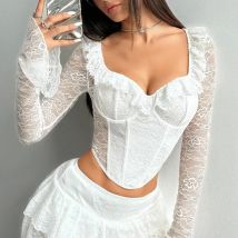 Weiß Elegante Langarm Korsett Gestellte Tops Frauen Bodyshaper Herbst Mode Spitze Mesh Ohne Knochen Top Schmal Geschnittene Shapewear Leibchen