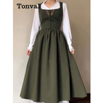 Tonval quadratischer Hals Blumen bestickt elegante grüne lange Kleider für Frauen ärmellose Vintage-Stil Plissee Midi-Kleid